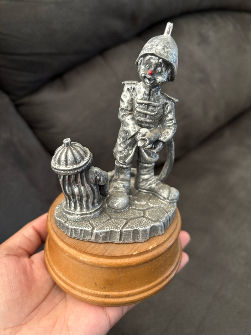 Vintage George Good Pewter Fireman Clown W/ Fire Hydrant & Hose Music Box Works